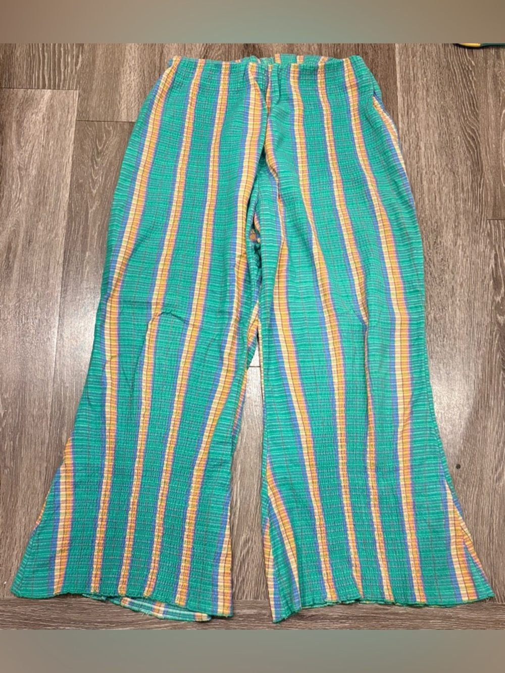 Free People Seesucker Green, Yellow & Blue  Stripe Wide-Leg Pants Size Medium